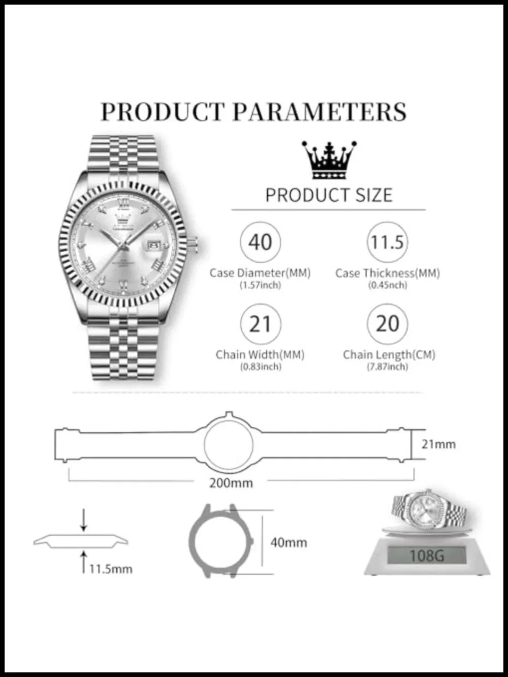 Mens Stainless Steel Quartz Watch Waterproof Dress Casual with Date